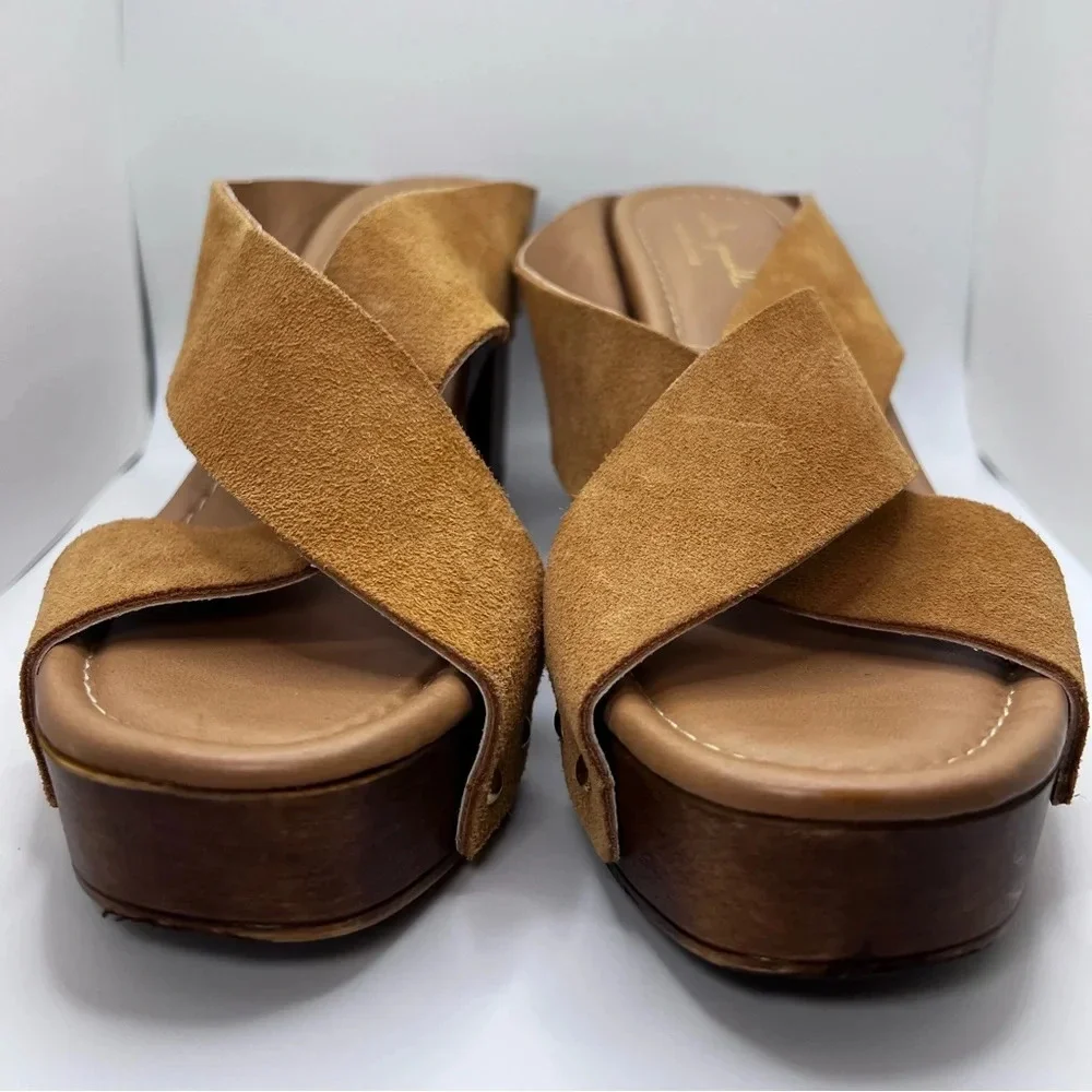 Mila Paoli Wood Block Heel Platform Sandals Suede Leather Made In Italy Size 10